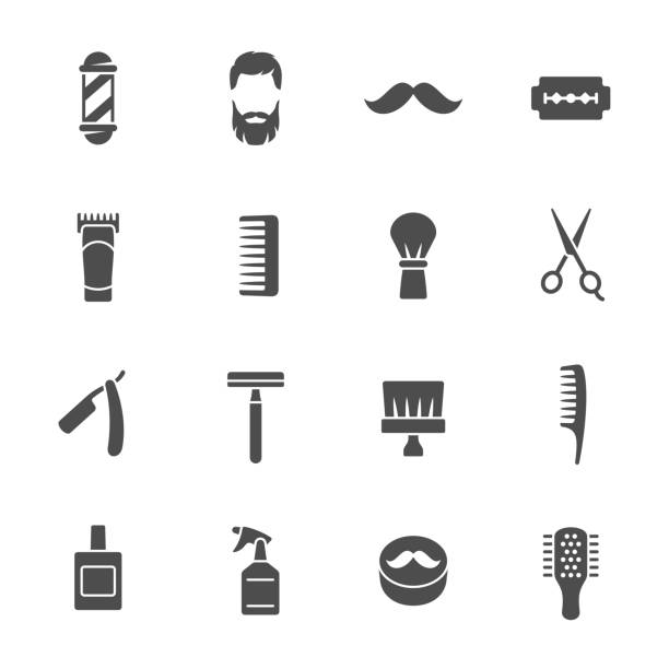 Barber shop icons Barbershop related vector icon set hair grey stock illustrations