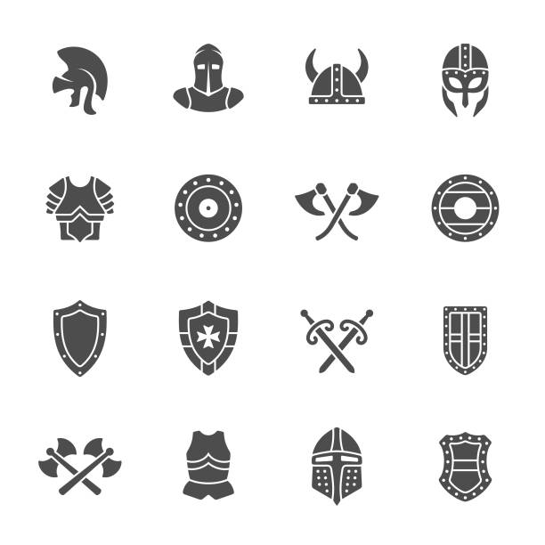 illustrazioni stock, clip art, cartoni animati e icone di tendenza di icone dell'equipaggiamento del guerriero medievale - viking