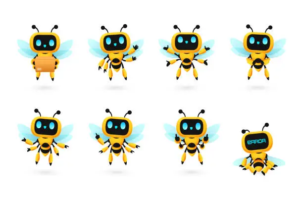 Vector illustration of et of cute bee robot ai character in many pose