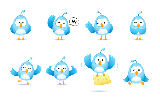 Set of cute bird robot character in many pose, kawaii mascot vector for illustration