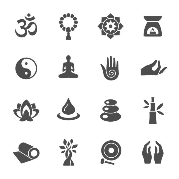 Spiritual icons Meditation and yoga retreat vector icon set religious icon illustrations stock illustrations