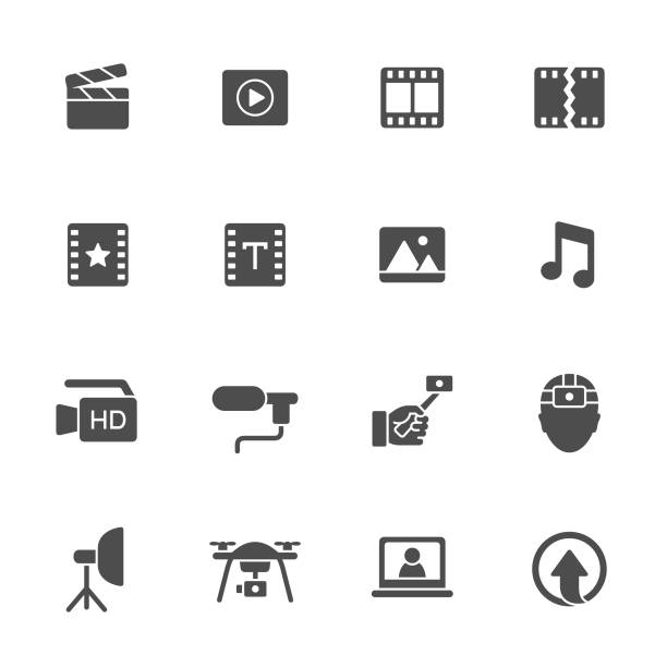 ilustraciones, imágenes clip art, dibujos animados e iconos de stock de iconos de producción de vídeo - video symbol movie computer icon