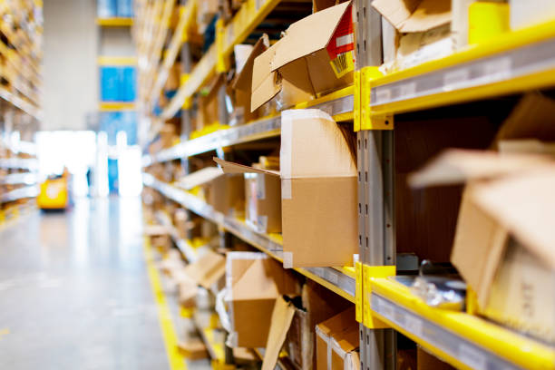 istock Close-up on shelfs in distribution warehouse 1198379613