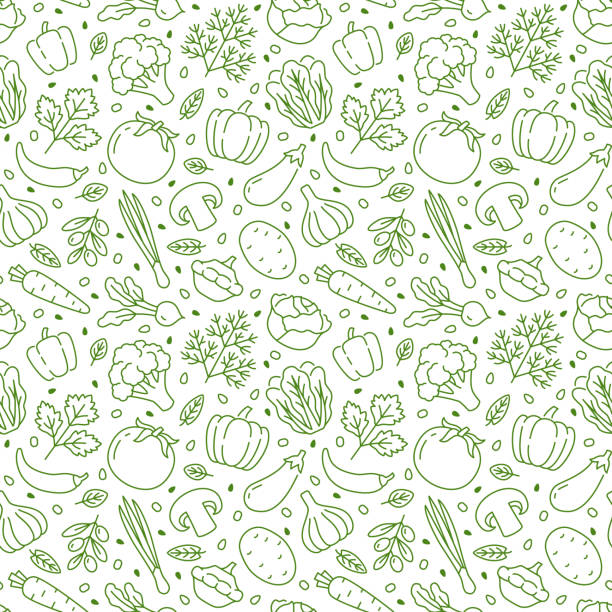 kuvapankkikuvitukset aiheesta ruokatausta, vihannesten saumaton kuvio. terveellinen syöminen - tomaatti, valkosipuli, porkkana, pippuri, parsakaali, kurkkulinjan kuvakkeet. kasvissyöjä, maatilan ruokakaupan vektorikuva, vihreä valkoinen väri - vihannes