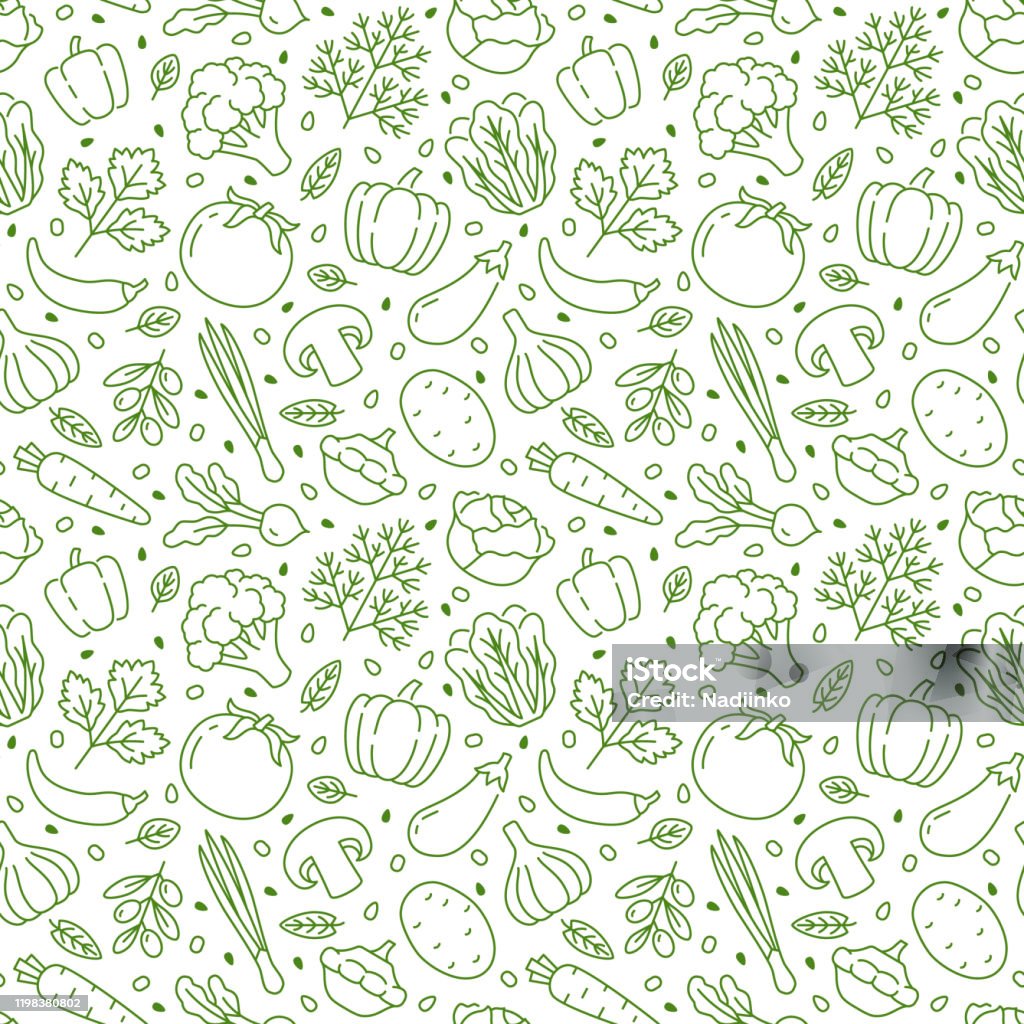 Food background, vegetables seamless pattern. Healthy eating - tomato, garlic, carrot, pepper, broccoli, cucumber line icons. Vegetarian, farm grocery store vector illustration, green white color Food background, vegetables seamless pattern. Healthy eating - tomato, garlic, carrot, pepper, broccoli, cucumber line icons. Vegetarian, farm grocery store vector illustration, green white color. Food stock vector