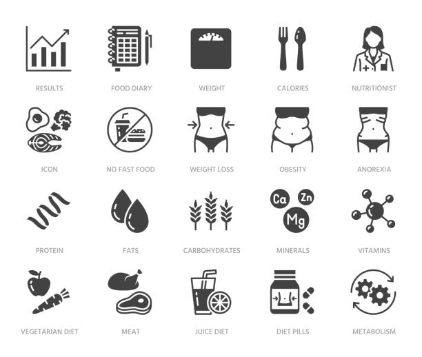 ernährungswissenschaftler flache glyphensymbole gesetzt. diät-lebensmittel, ernährung - protein, fett, kohlenhydrate, fit körper vektor illustrationen. schwarze zeichen für eine übergewichtige behandlung. silhouette piktogramm pixel perfekt 64x64 - fett nährstoff stock-grafiken, -clipart, -cartoons und -symbole