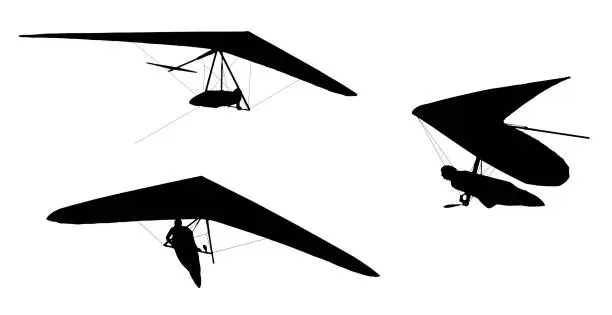 Photo of Set of real Hang gliding wing silhouettes isolated on white. Template for extreme sport logo, sign, drawing