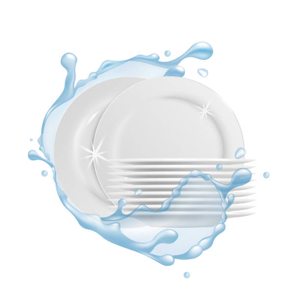 saubere weiße teller oder teller mit wasser spritzen 3d vektor-illustration isoliert. - abwaschen stock-grafiken, -clipart, -cartoons und -symbole