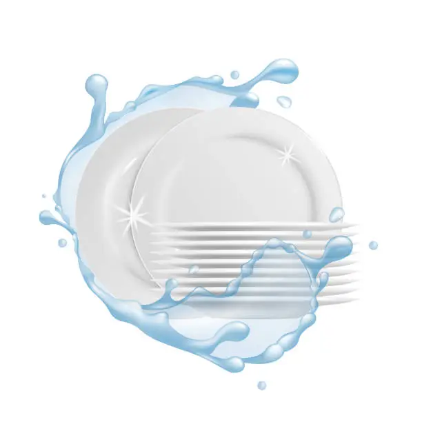 Vector illustration of Clean white dishes or plates with water splash 3d vector illustration isolated.
