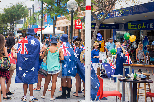 Sydney, Australia 2017-01-26 People celebrate Australia day wearing flags on the street