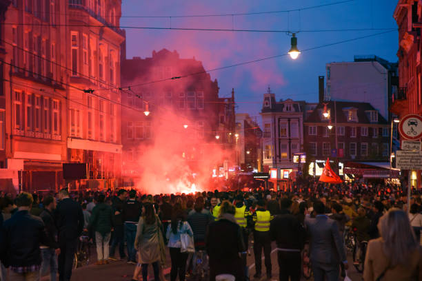 Football riots in the city center of Amsterdam, Netherlands stock photo