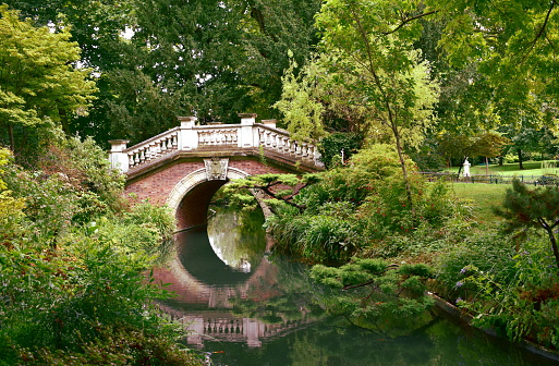 Paris, France. View of Park Monceau with bridge, stream and water reflexes.