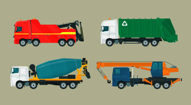 ilustrações de stock, clip art, desenhos animados e ícones de set of heavy wheeled vehicles. vector flat style illustration. - tow truck heavy truck delivering