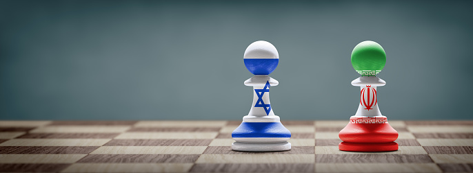 Israel and Iran conflict. Israel and Iran flags on chess pawns on a chess board. 3D illustration.