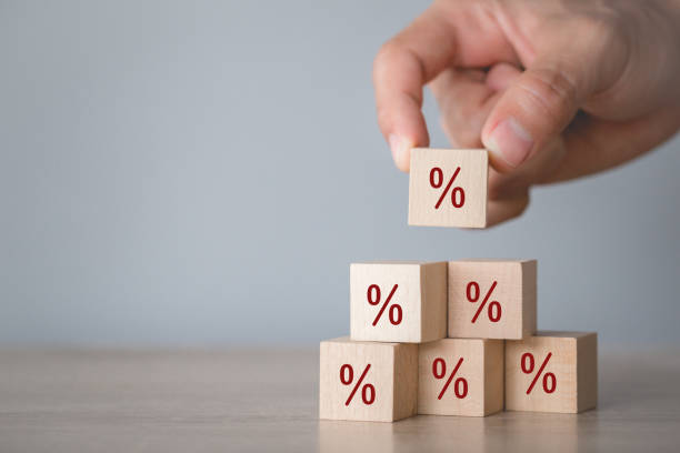 istock Hand arranging wood block stacking with icon percent symbol upward direction, 1198393407