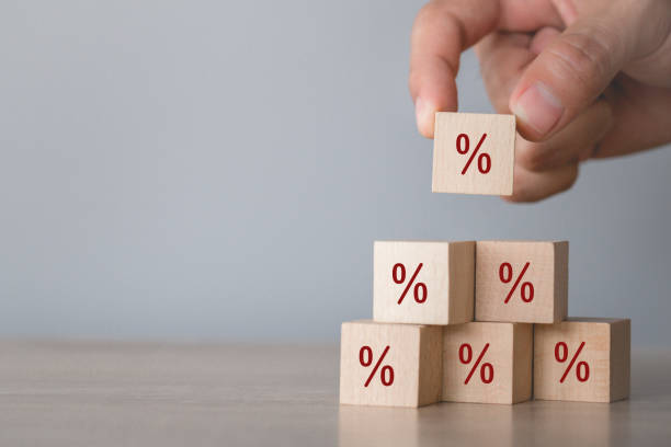 istock Hand arranging wood block stacking with icon percent symbol upward direction, 1198393408
