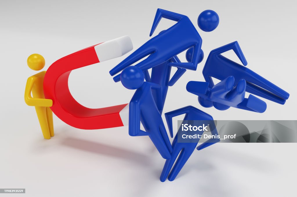 Persons Hand Pulling Human Figures With Horseshoe Magnet 3d Rendering ...