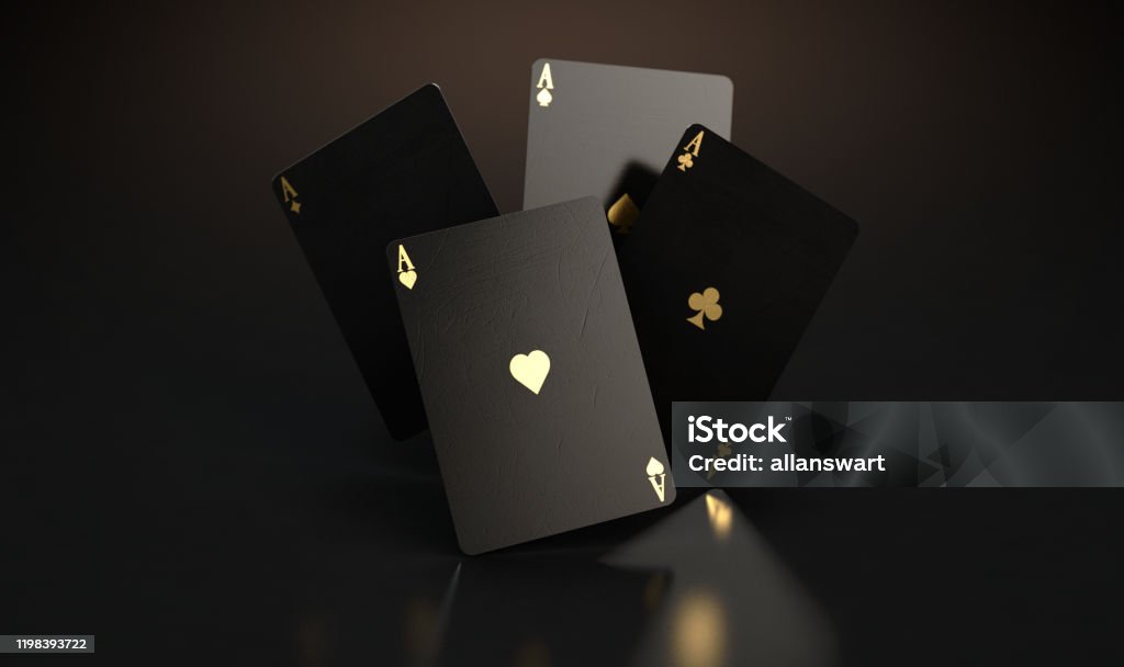 Black Casino Card Aces A set of four reflective black casino ace cards with gold markings floating in the air on a dark classy background - 3D render Playing Card Stock Photo