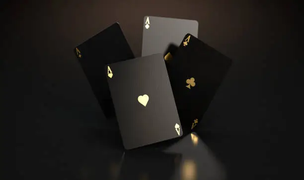 A set of four reflective black casino ace cards with gold markings floating in the air on a dark classy background - 3D render