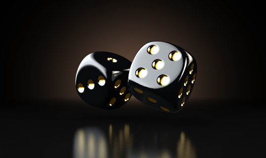 A set of two reflective black casino dice with gold markings floating in the air on a dark classy background - 3D render
