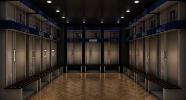 Sports Locker Room A sports locker room made of cubicles with cupboards numbered shirts a wooden bench and flooring - 3D render locker room stock pictures, royalty-free photos & images