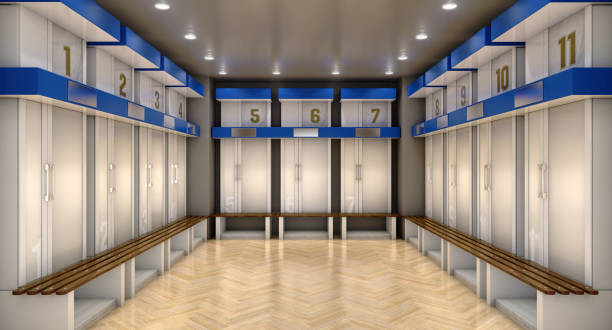 Sports Locker Room A sports locker room made of cubicles with cupboards numbered shirts a wooden bench and flooring - 3D render locker room stock pictures, royalty-free photos & images