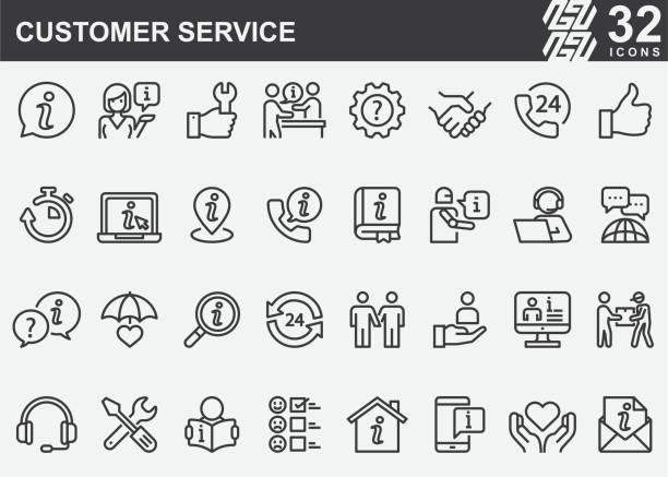 ilustraciones, imágenes clip art, dibujos animados e iconos de stock de iconos de la línea de servicio al cliente - manual worker