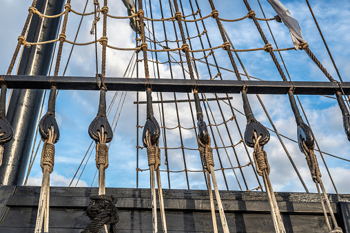 Rigging of an old pirate ship in the port of Torrevieja, Alicante, Spain 2019.