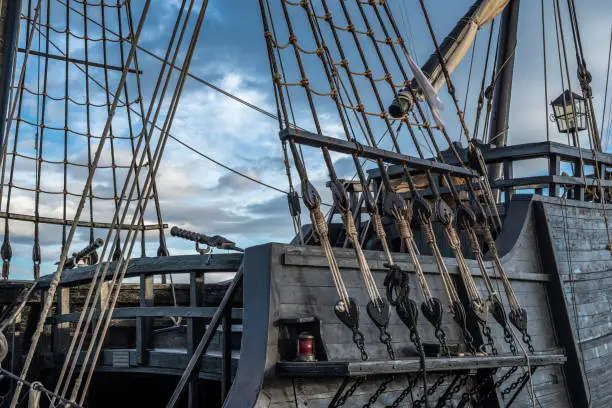 Rigging of an old pirate ship in the port of Torrevieja, Alicante, Spain 2019.