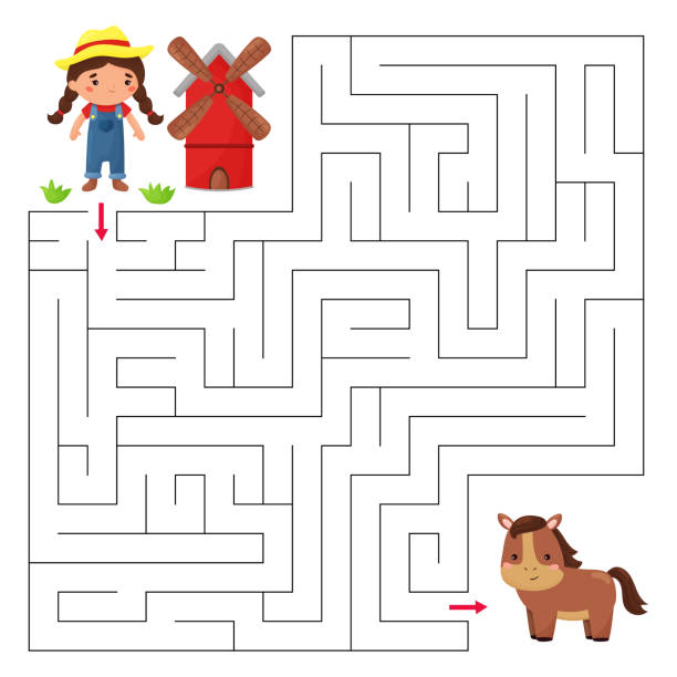 Maze game for preschool kids. Help the farmer girl find right way to the horse. Cute cartoon kawaii character. farm cartoon animal child stock illustrations