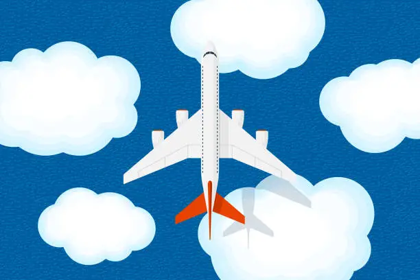 Vector illustration of Large jet passenger airplane flies above clouds and sea with ripples. Civil aviation flying plane top view. Flat vector illustration