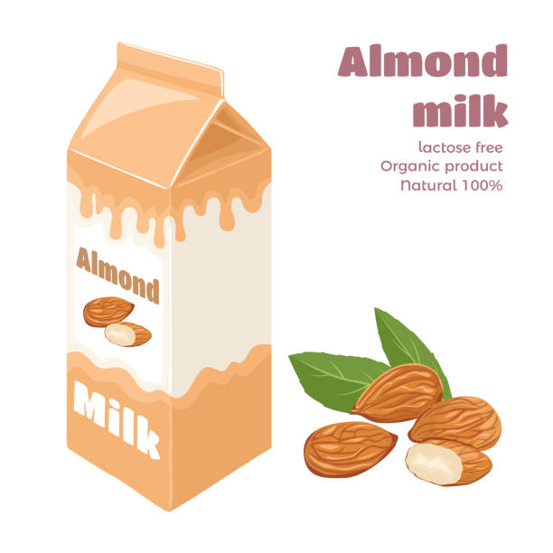 Almond milk in carton box isolated on white background. Vector illustration of plant-based drink and nuts in cartoon flat style. Organic Dairy Free Vegan milk. Almond milk in carton box isolated on white background. Vector illustration of plant-based drink and nuts in cartoon flat style. Organic Dairy Free Vegan milk. paper based equipment stock illustrations