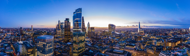 Aerial Panoramic view of London at dawn/ sunrise