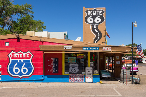 Seligman, Arizona, USA- 01 June 2015: Souvenir shop, symbol of the legendary Route 66 on the facade of the building.