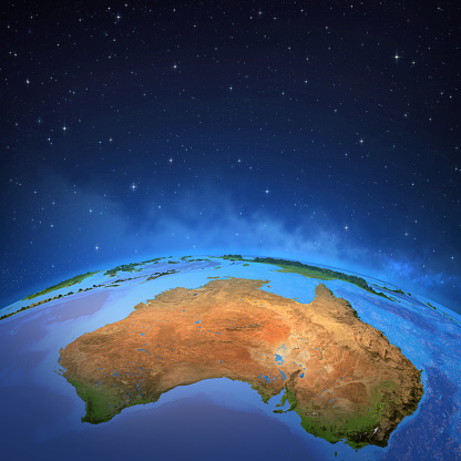 Surface of the Planet Earth viewed from a satellite, focused on Australia. 3D illustration (Blender software) - Elements of this image furnished by NASA (https://eoimages.gsfc.nasa.gov/images/imagerecords/73000/73776/world.topo.bathy.200408.3x5400x2700.jpg).