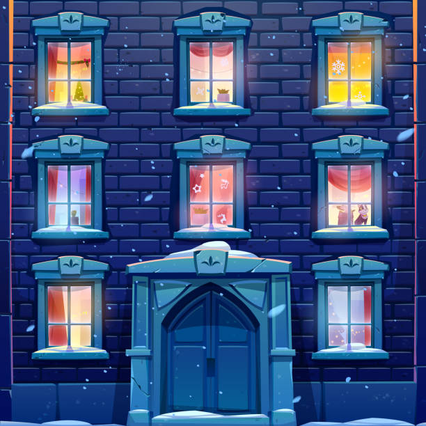 nocne okna z bożym narodzeniem i nowym rokiem - new year wall door decoration stock illustrations