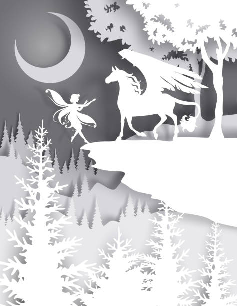 ilustraciones, imágenes clip art, dibujos animados e iconos de stock de pegaso, personaje de cuento de hadas, ilustración vectorial en el estilo de arte de papel - mythology horse pegasus black and white