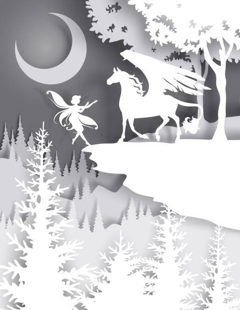 Pegasus, fairytale character, vector illustration in paper art style Pegasus, winged horse magical mythical fairy tale character silhouette, vector illustration. Fairytale composition in paper art craft style. pony wings stock illustrations