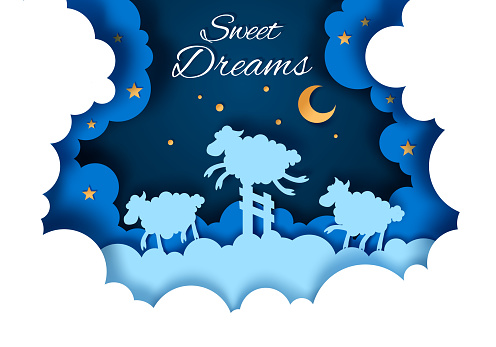 Vector layered paper cut style moonlit starry night sky with cute sheep jumping over fence. Sweet dreams concept for card, banner, flyer etc.