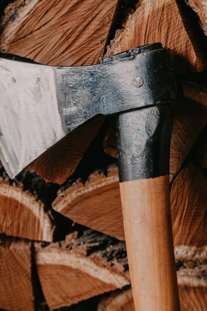 istock Sharp ax on background of chopped firewood 1198413222