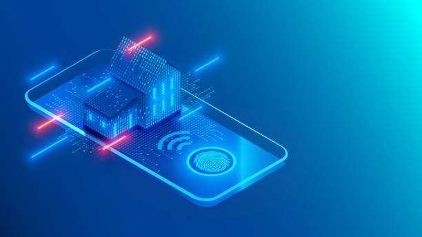 Smart home technology on screen smartphone on blue background. Internet of things conceptual isometric illustration. Digital House. Access to IOT systems using a fingerprint on a mobile phone. Smart home technology on screen smartphone on blue background. Internet of things conceptual isometric illustration. Digital House. Access to IOT systems using a fingerprint on a mobile phone. permission concept illustrations stock illustrations