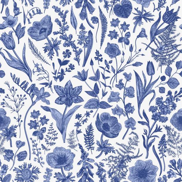 Spring magic. Spring magic. Seamless floral pattern. Blue and white. Toile de Jouy. Vector vintage illustration. hyacinth stock illustrations