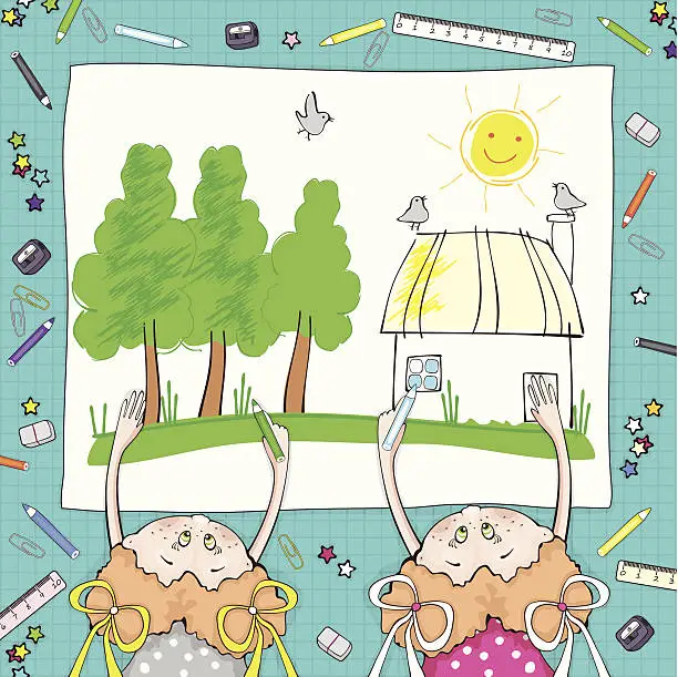 Vector illustration of Girls are drawing the summer rural landscape