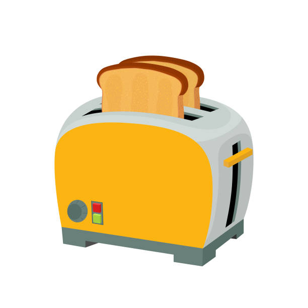 ilustraciones, imágenes clip art, dibujos animados e iconos de stock de tostadora vectorial con pan frito, electrodoméstico de cocina - tostadora