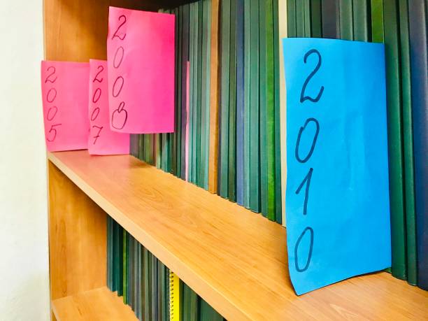 istock Chronological order of publications within a library book shelf 1198423013
