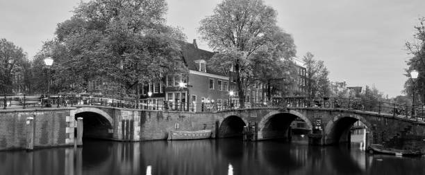 istock Canal bridge at twilight in Amsterdam, Panorama 1198424648