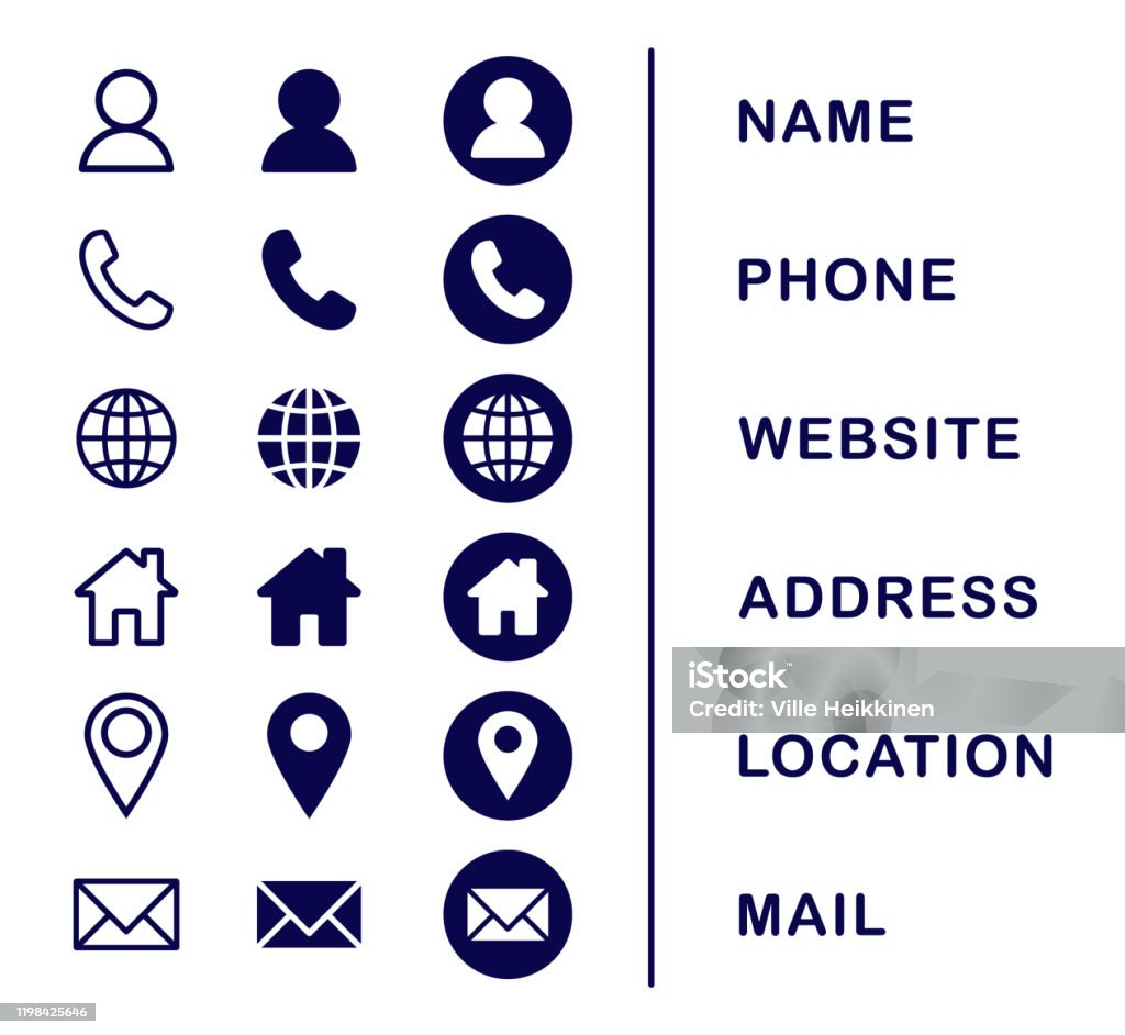 Conjunto de iconos de tarjeta de visita de Conexión de empresa. Teléfono, nombre, sitio web, dirección, ubicación y paquete de símbolos del logotipo de correo. Imagen de ilustración vectorial. Aislado sobre fondo blanco. Plantilla de diseño de conta - arte vectorial de Ícono libre de derechos