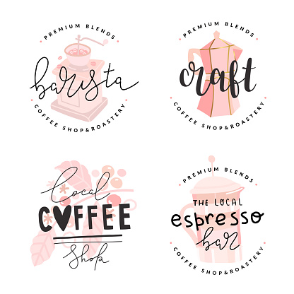 Set of coffee shop logos, vector symbols with pastel color illustrations and golden foil, simple modern drawings of grinder, coffee plant with berries and moka pot, handwritten lettering.