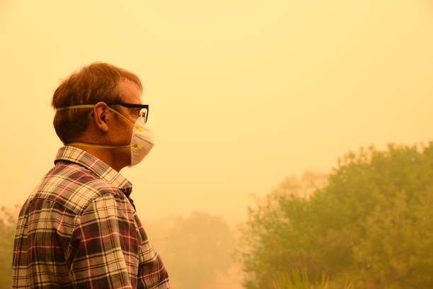 un uomo indossa una maschera facciale per proteggersi da un livello molto pericoloso di inquinamento atmosferico.  una fitta nebbia gialla proveniente dai vicini incendi boschivi copre la città di canberra. - global warming smog city pollution foto e immagini stock