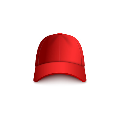 Realistic red baseball cap mockup isolated on white background - blank branding merchandise template. Colorful cotton headwear from front view - vector illustration.